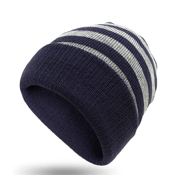 Kids Navy and Heather Grey Stripe Knit Beanie - Picture 3 of 6